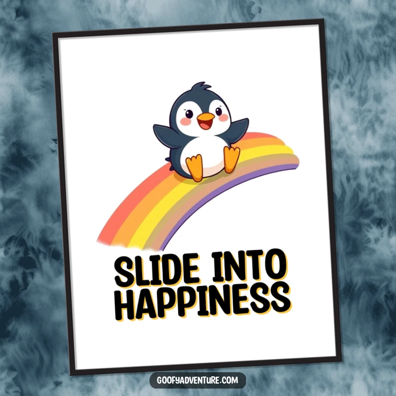 Funny Penguin poster, joyfully sliding down a giant rainbow, vibrant and cheerful wall art.