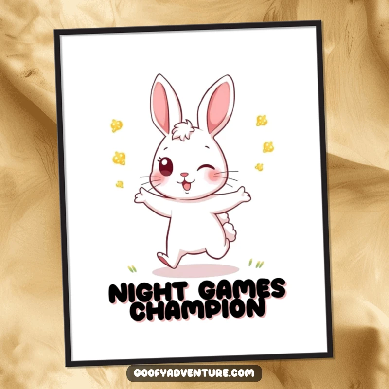 Funny Rabbit Poster: An energetic rabbit plays tag with fireflies, a lively and humorous artwork depicting playful nighttime adventures.