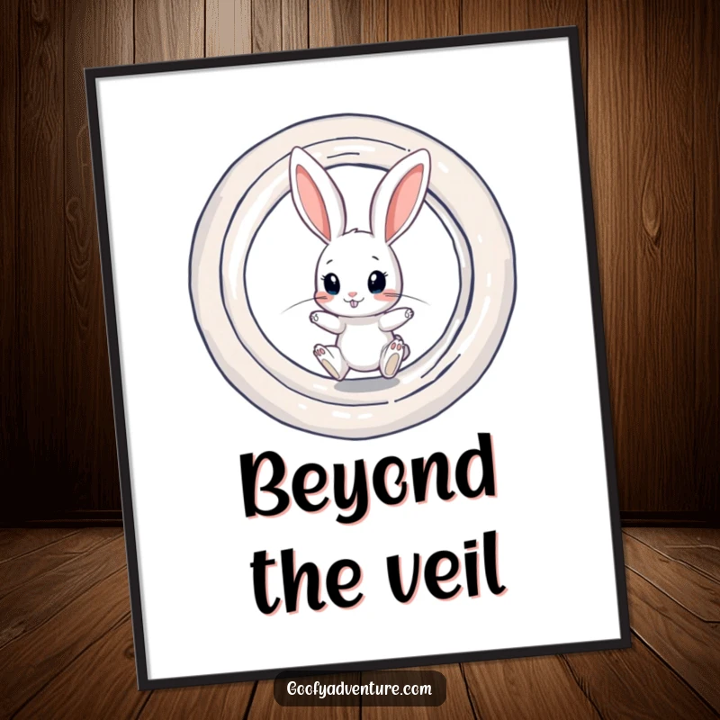 Funny vibrant poster of a curious rabbit character poised to jump into a mesmerizing, swirling dimensional portal.