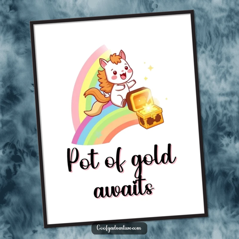 Funny poster depicting a joyful animal character riding a rainbow with excitement towards a glittering treasure chest, creating an uplifting atmosphere.