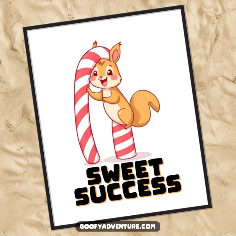 Funny happy squirrel candy cane poster, depicting a gleeful climb up a towering candy cane, festive and fun wall art.