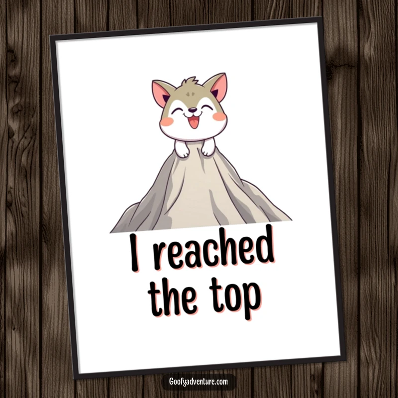 Funny poster showing a playful animal character grinning while determinedly scaling a massive, inviting peak, symbolizing triumph.