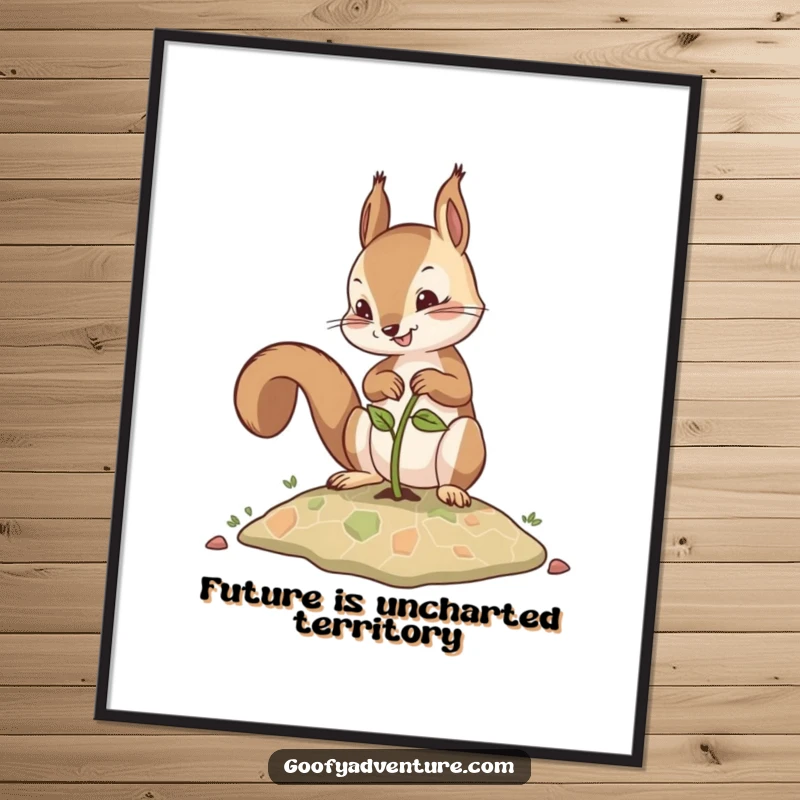 Funny poster print of a determined squirrel planting a seed that unfurls into a detailed map, perfect wall art.