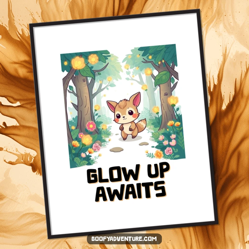 Funny poster showing a determined animal character navigating a whimsical forest illuminated by enchanting, glowing flora.