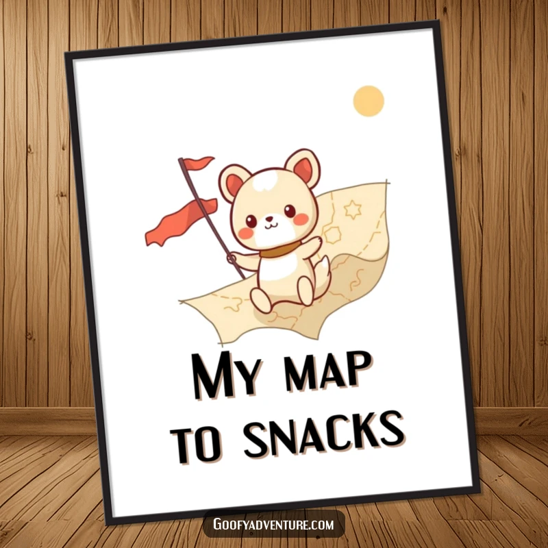 Funny kawaii animal character bravely charting a course on a giant map, vibrant adventurous wall art.