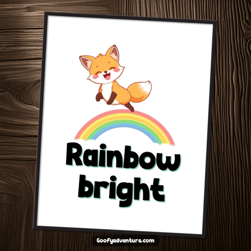 Vibrant poster of a cheerful fox joyfully jumping over a magnificent rainbow, adding a touch of whimsy to any room.