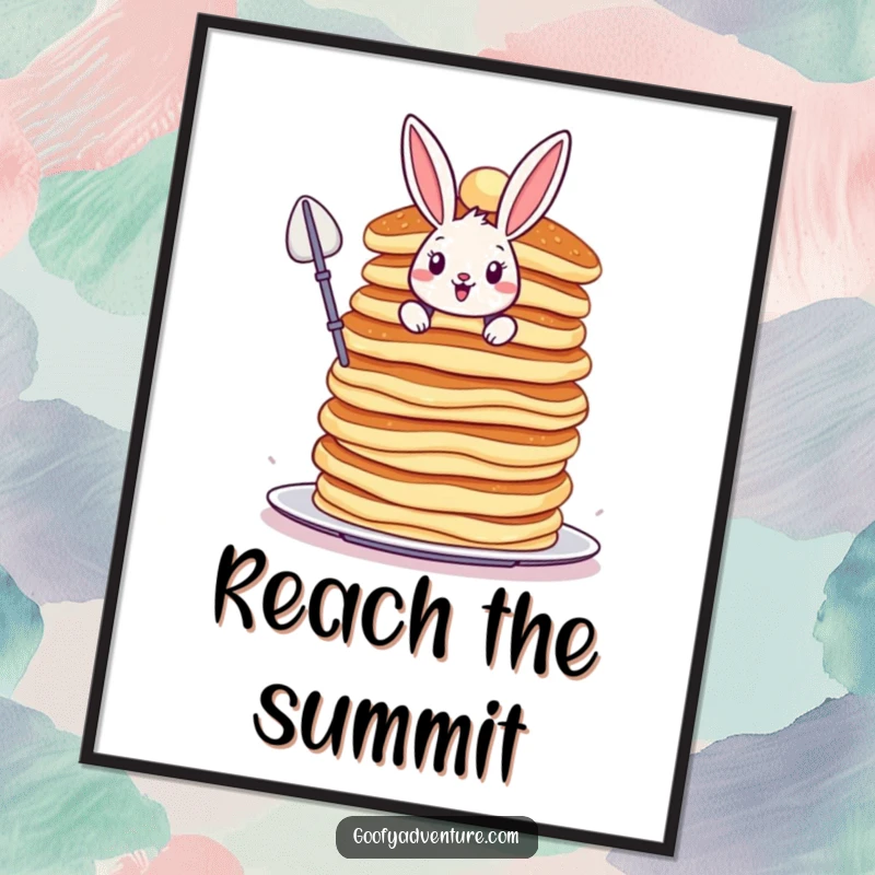 Funny Bunny poster, bravely scaling a colossal, wobbly stack of pancakes, vibrant and humorous wall art.