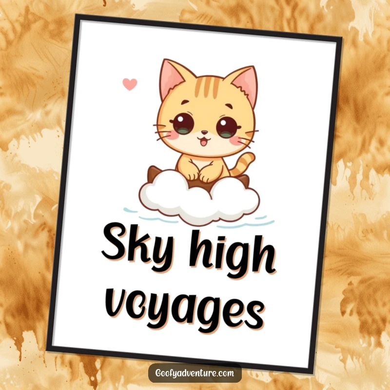 Funny cat character sailing on a cloud boat across the sky, depicted as a serene poster, bringing tranquility, funny gift.