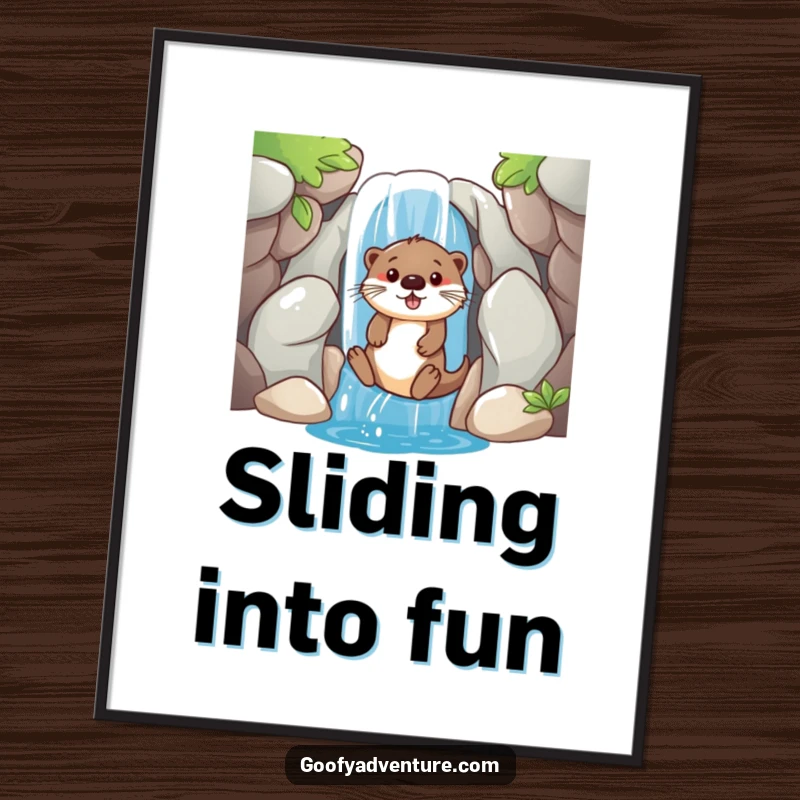 Playful poster depicting a funny otter sliding down a waterfall entrance, evoking a sense of fun and aquatic joy.