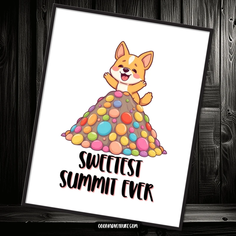 Funny poster featuring an ecstatic dog happily climbing a towering, colorful mountain constructed entirely from delicious candy treats.