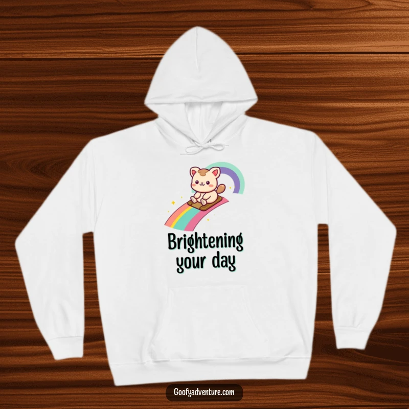 Funny kawaii animal character sliding joyfully down a rainbow trail, designed for comfort and cheerful vibes.