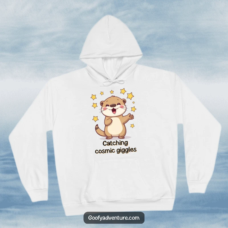 Funny Otter Hoodie: A playful otter character enthusiastically juggling flying stars, providing cozy cosmic vibes.