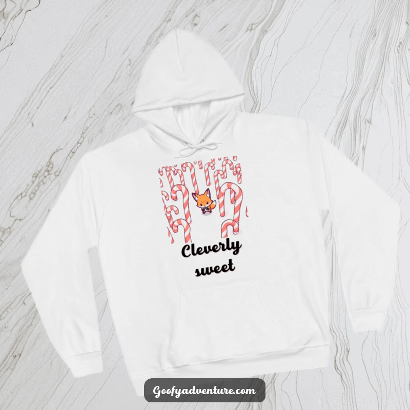 Funny Fox hoodie, determinedly navigating a maze made of giant candy canes, cozy apparel for strategists.