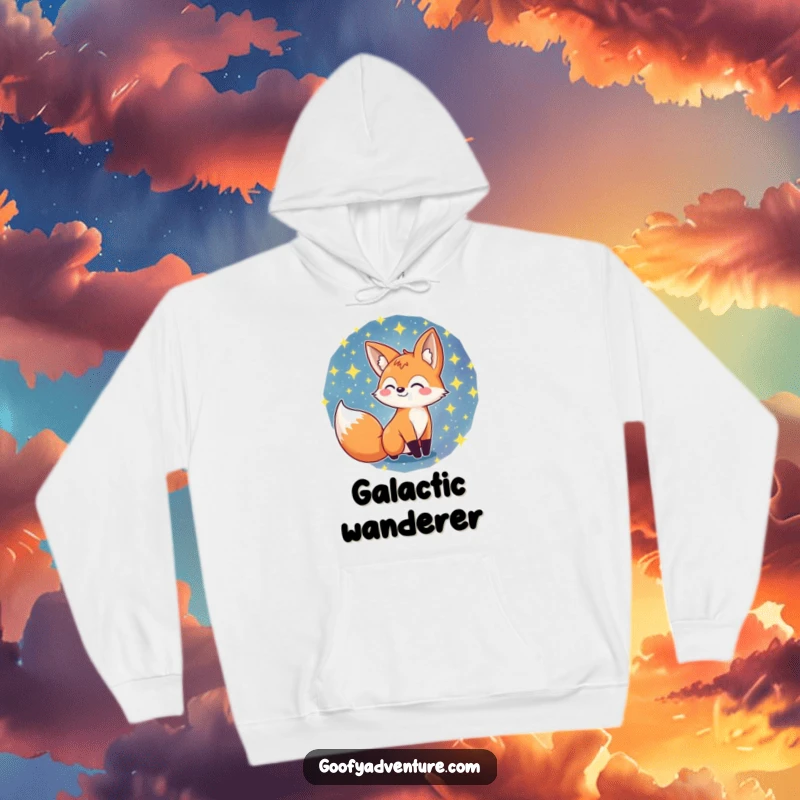 Funny fox character adventuring through a swirling galaxy of stars on a soft hoodie, evoking wonder, funny gift.