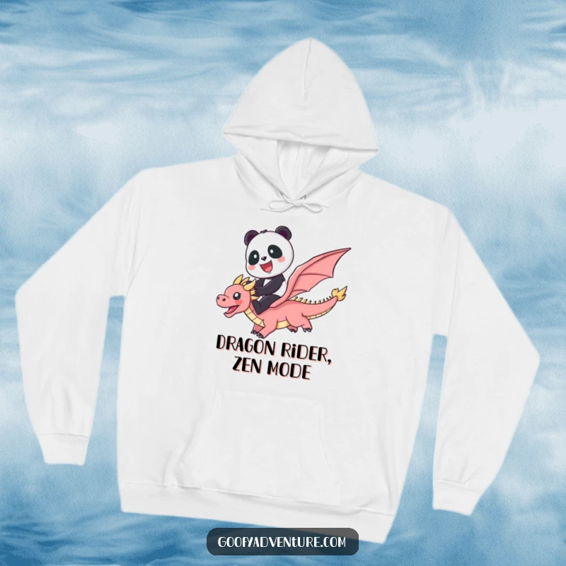 Funny cozy hoodie with a cute panda gleefully riding a flying dragon through a spectacular rainbow.