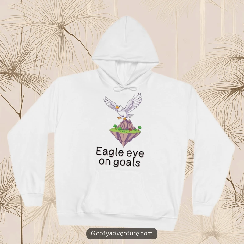 Funny eagle soaring over a fantasy floating island, cozy hoodie, majestic theme, great funny gift.