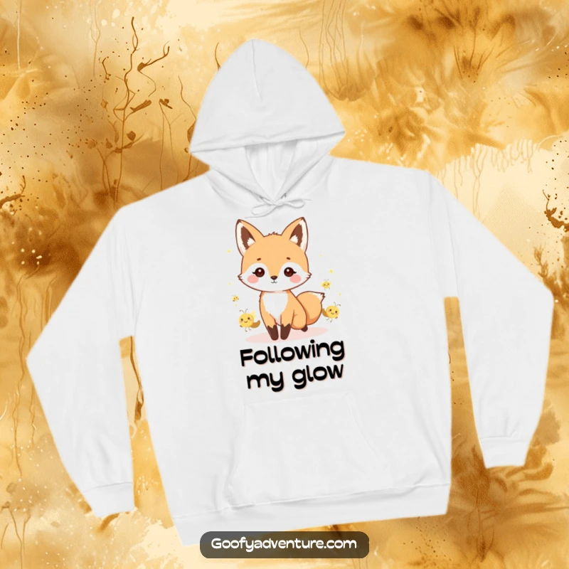 Funny kawaii fox leading a charming parade of tiny, smiling fireflies, designed for cozy warmth and enchanting evenings.