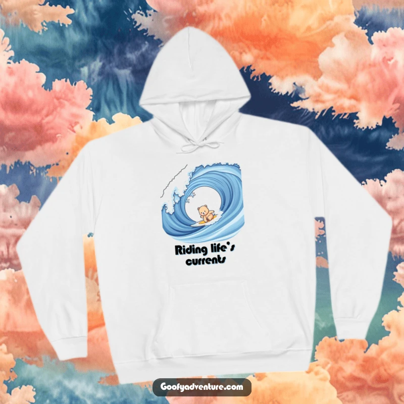 Funny bear cub surfing hoodie showing a cute cub bravely riding a huge ocean wave, embodying courage and adventure.