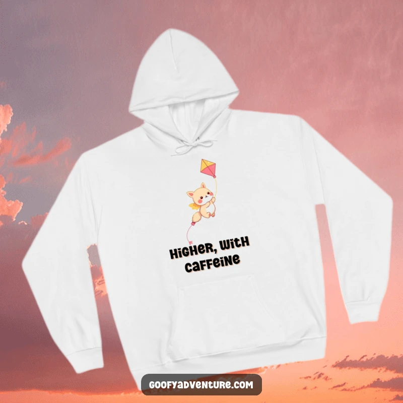Funny kawaii animal character soaring through the sky on a colorful kite, a warm and humorous hoodie design.