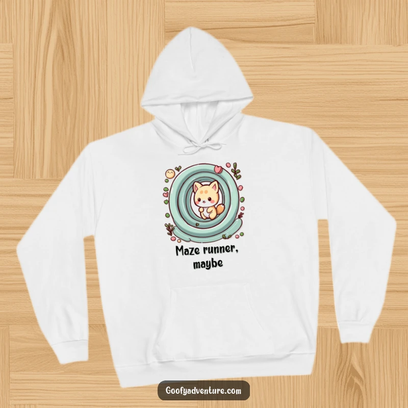 Funny kawaii animal character playfully navigating a whimsical maze, a warm and humorous hoodie ideal for relaxation.