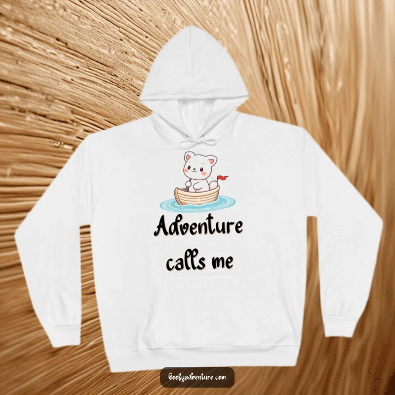 Funny kawaii animal character sailing a tiny boat on sparkly water, creating a cozy and humorous hoodie experience.