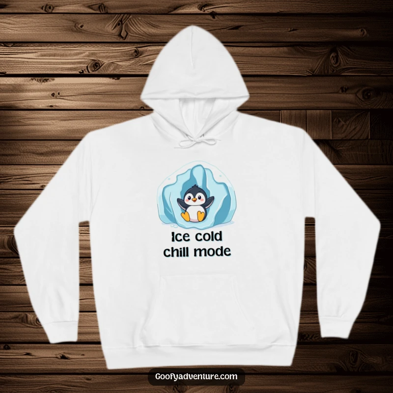 Funny playful penguin sliding down a giant icy glacier, cozy hoodie, winter theme, great funny gift.