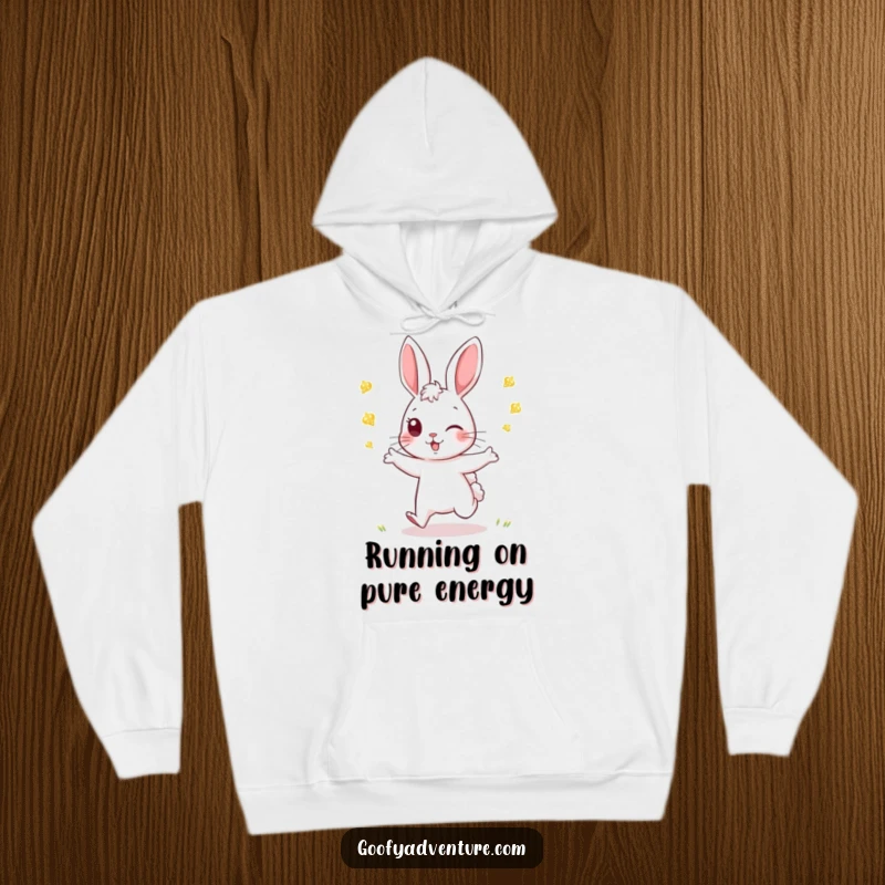 Funny Rabbit Hoodie: An energetic rabbit plays tag with luminous fireflies, symbolizing fun and the magic of nighttime play.