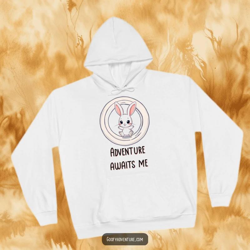Funny cozy hoodie featuring a curious rabbit character preparing to leap into a swirling, magical portal.