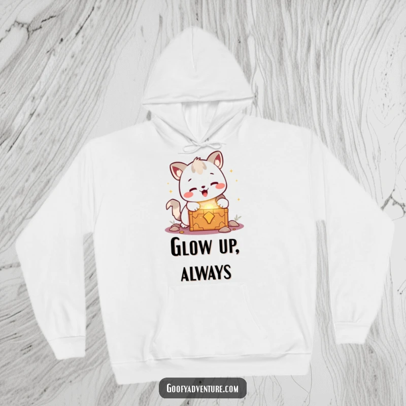 Funny kawaii animal character joyfully discovering a glowing treasure chest, a warm and humorous hoodie design.