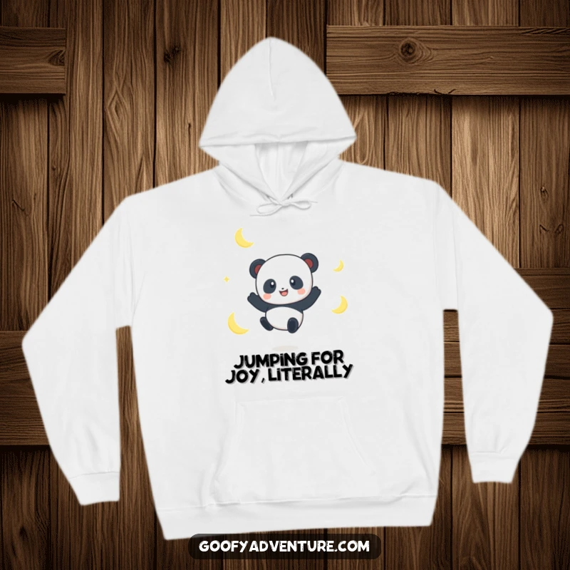 Funny Panda Moon Jumper Hoodie: A smiling panda leaps between moon crescents, offering comfort and a touch of celestial wonder.