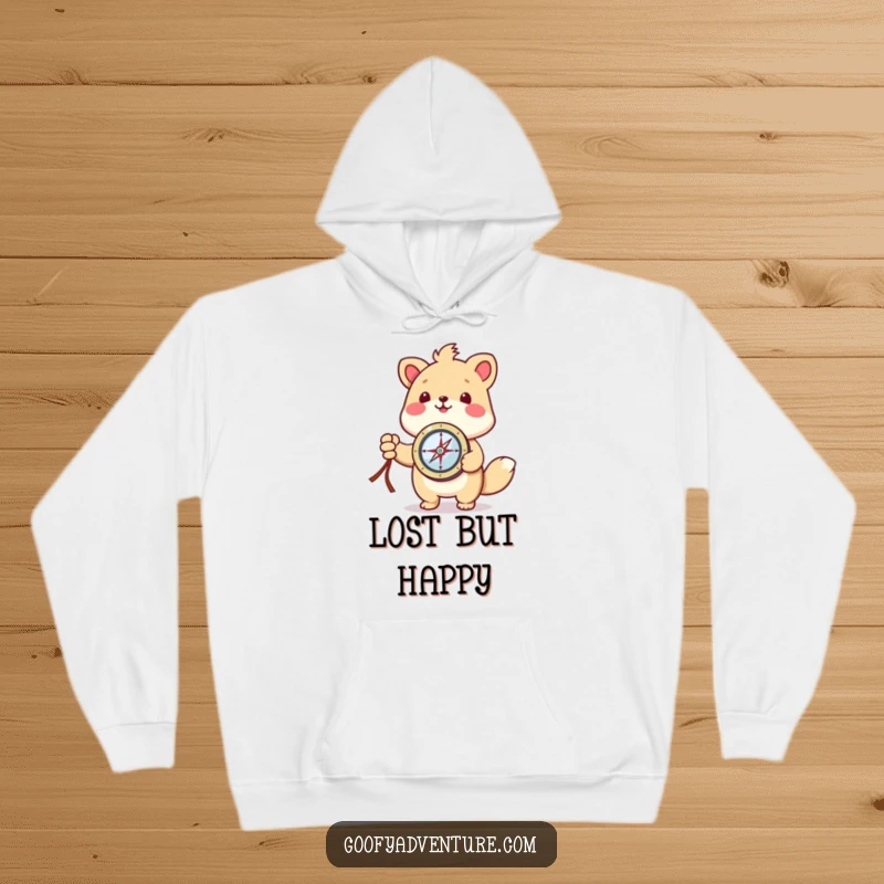 Funny kawaii animal character holding a compass and pointing towards a destination, featured on a warm hoodie.