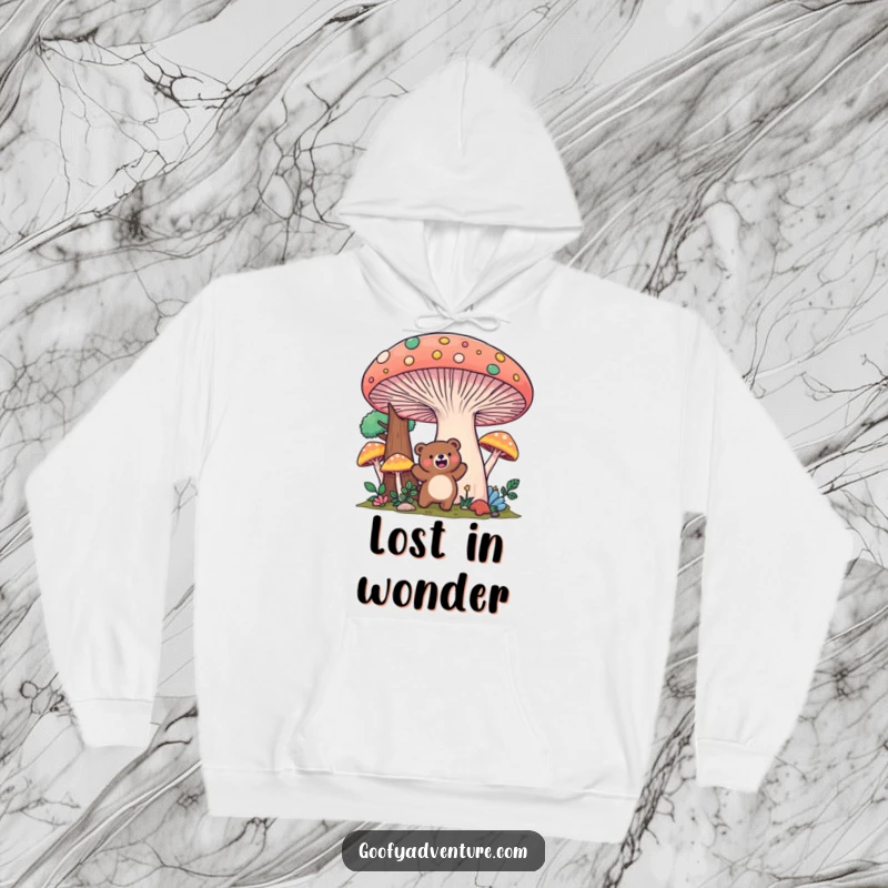 Funny Kawaii bear mushroom forest hoodie, excitedly exploring a colorful, giant mushroom landscape, warm and whimsical.