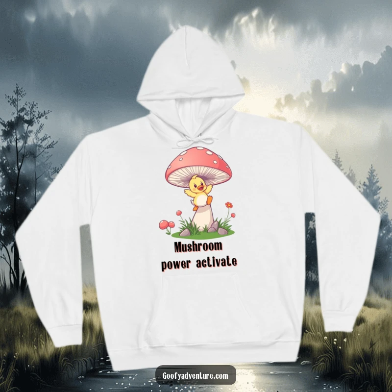 Funny duckling mushroom hoodie, a playful duckling launching from a giant, springy mushroom, cozy and full of fantasy.
