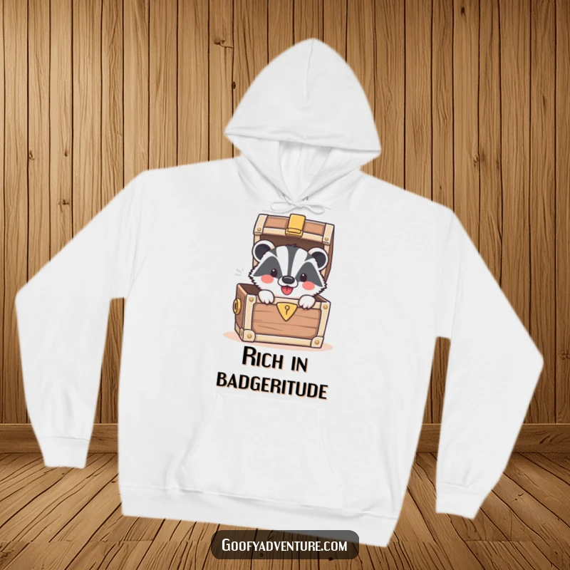 Funny hoodie featuring a happy badger emerging from a treasure chest full of sparkling gold and gems.