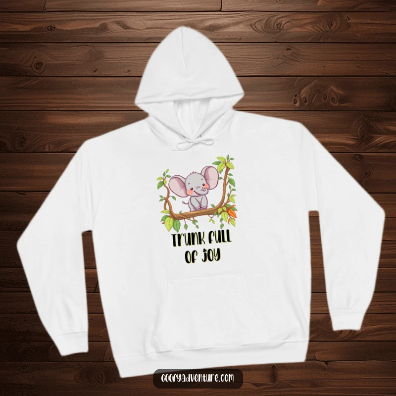 Funny happy elephant exploring a jungle vine bridge, cozy hoodie, jungle theme, great funny gift.