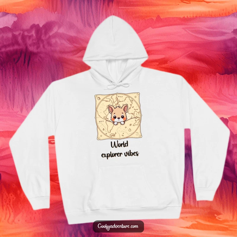 Funny hoodie with a curious animal peeking out from a giant, aged map, offering warmth and a sense of hidden knowledge.