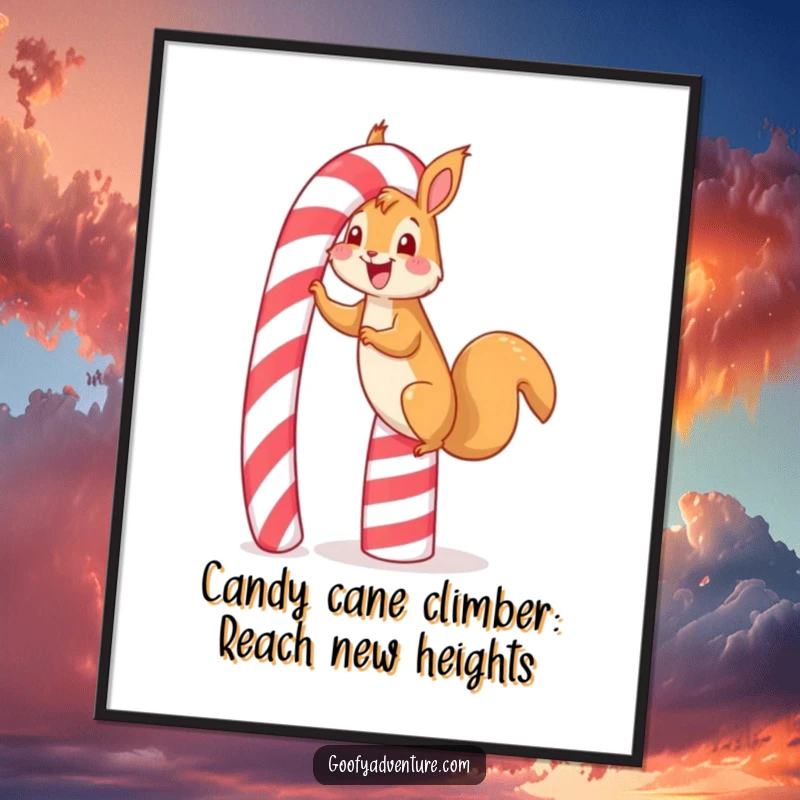 Funny Free Printable Wall Art of a happy squirrel character gleefully ascending a colossal, striped candy cane.