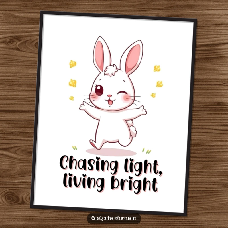 Funny Free Printable Wall Art: An energetic rabbit character is depicted playfully chasing and tagging bright, glowing fireflies in the dusk.