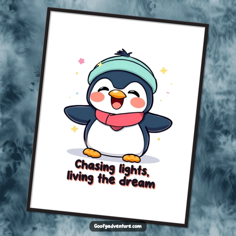 Funny Free Printable Wall Art: Joyous penguin playing with glowing aurora lights, magical night sky, whimsical decor, downloadable.