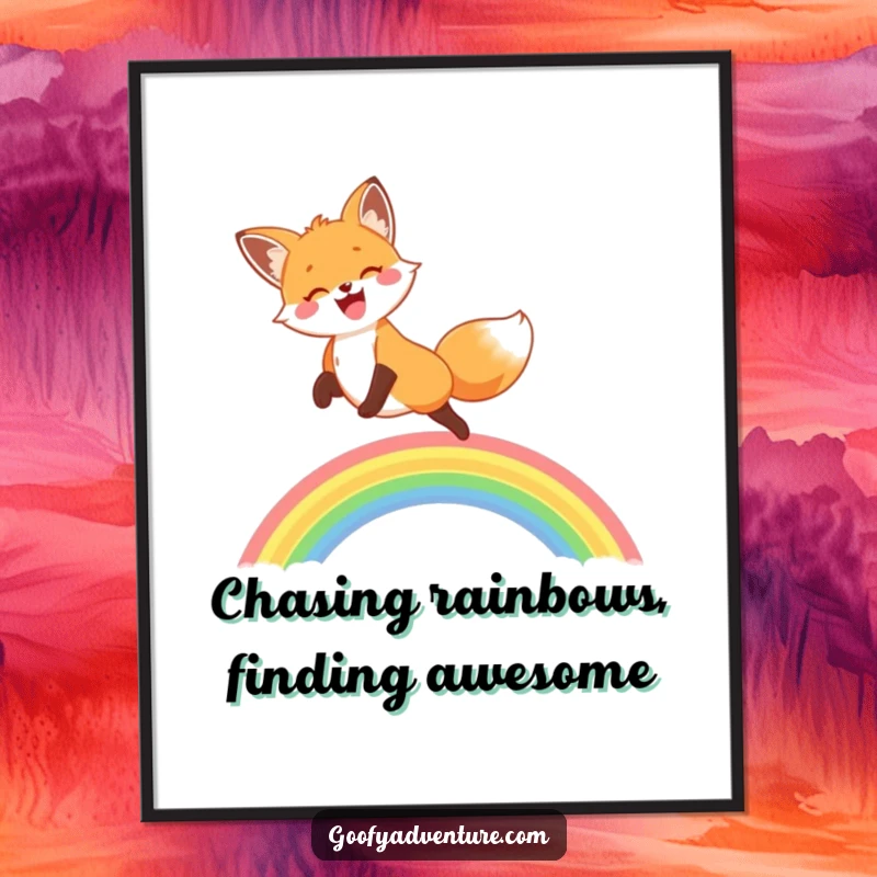 Funny Free Printable Wall Art: Happy fox gleefully leaping over a vibrant rainbow. Whimsical and downloadable.