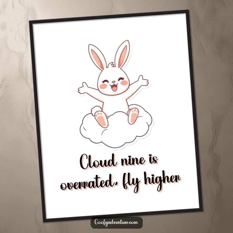 Funny Free Printable Wall Art: Cheerful rabbit riding a fluffy cloud with arms out. Whimsical and downloadable.