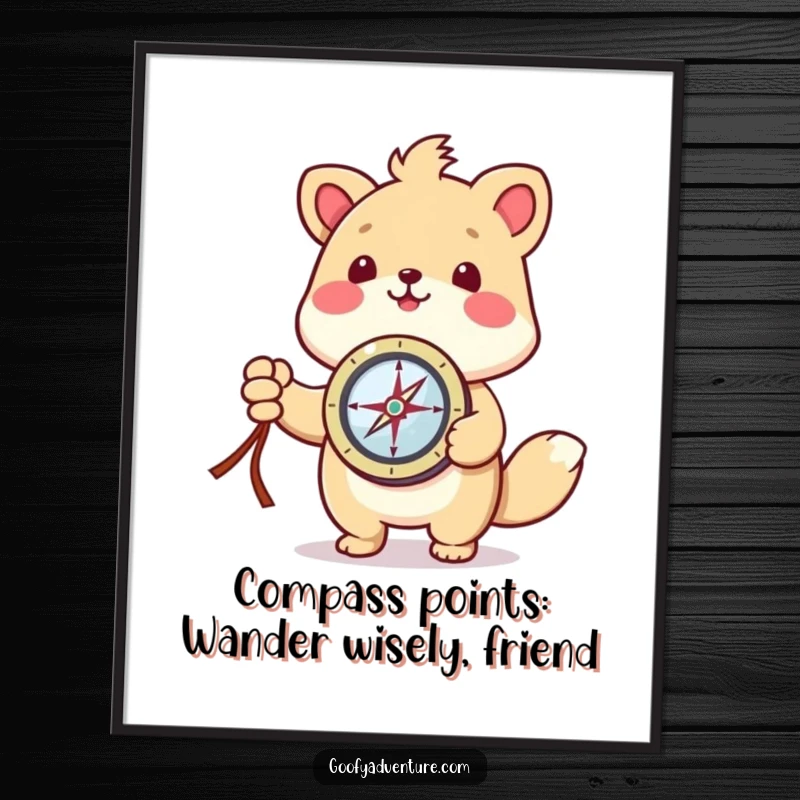 Funny Free Printable Wall Art: Kawaii animal holds a compass, enthusiastically pointing towards an exciting, unknown destination.