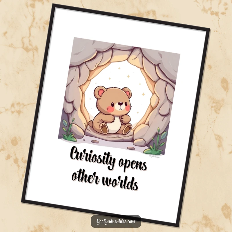 Funny Free Printable Wall Art: Curious bear cub discovering portal to another world, imaginative escape, whimsical decor, downloadable.