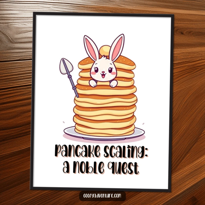 Funny Free Printable Bunny Wall Art: Brave bunny scaling a colossal, wobbly pancake stack, bringing downloadable breakfast art.