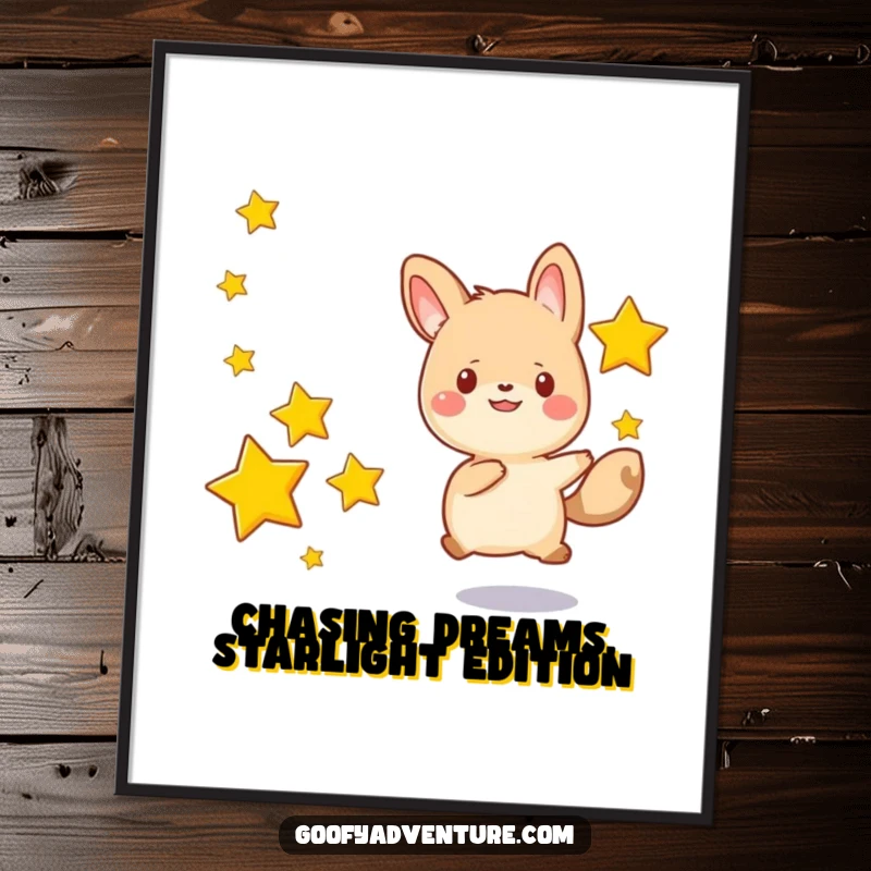 Funny Free Printable Wall Art: Kawaii animal excitedly chasing a trail of glowing stars, a dreamy downloadable art.