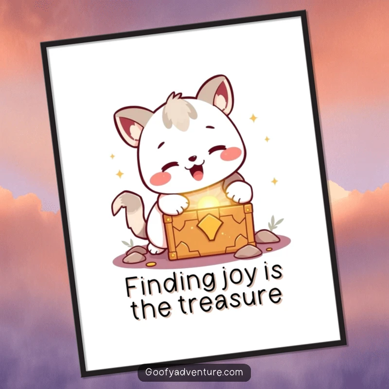 Funny Free Printable Wall Art: Kawaii animal with pure delight discovering a glowing treasure chest, a dazzling downloadable art.
