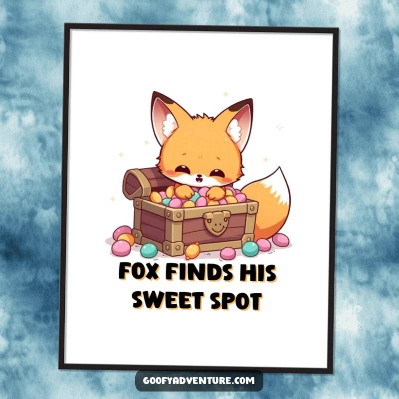 Funny Free Printable Wall Art: Kawaii fox excitedly discovering a hidden treasure chest overflowing with sparkling candy, a sweet scene.