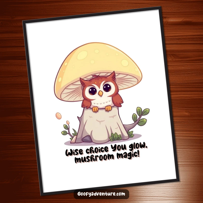Funny Free Printable Owl peeking curiously from behind a giant, glowing mushroom as forest art.