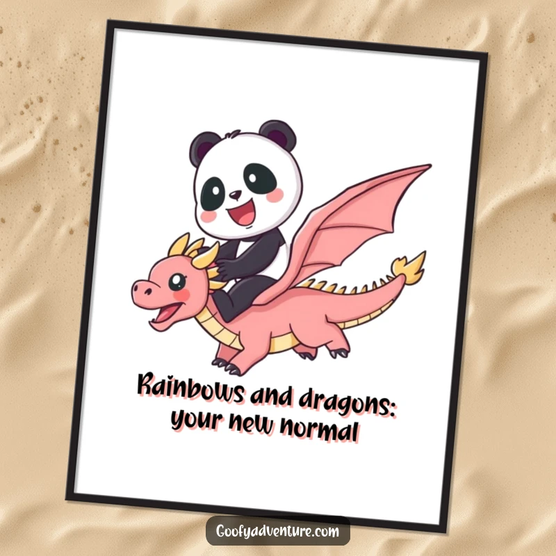 Funny Free Printable Panda Riding a Flying Dragon Wall Art, soaring through a vibrant rainbow, whimsical fantasy decor.