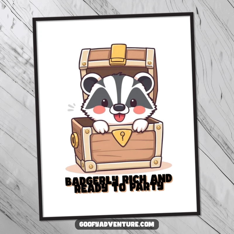 Funny Free Printable Wall Art: Smiling badger peeking from treasure chest, wealth of joy, quirky decor, downloadable.
